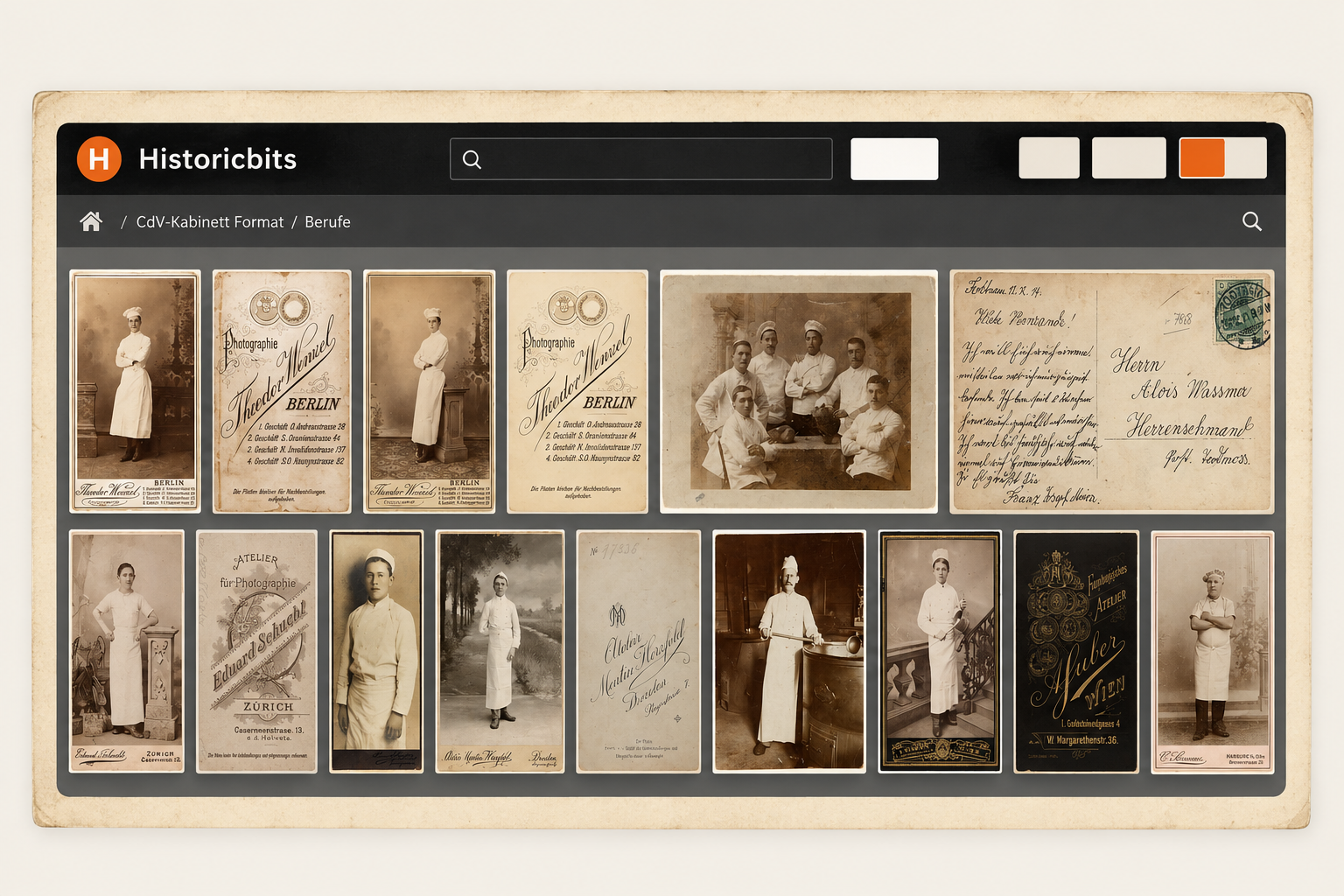 Vorschau historischer Fotografien von Menschen in Berufskleidung im Fotoatelier
