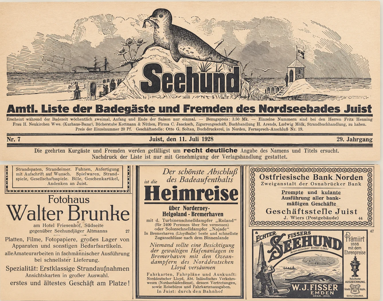 Seehund – Amtliche Liste der Badegäste und Fremden des Nordseebades Juist vom 11. Juli 1928 und Anzeigenseite mit Werbung des Fotohauses Walter Brunke