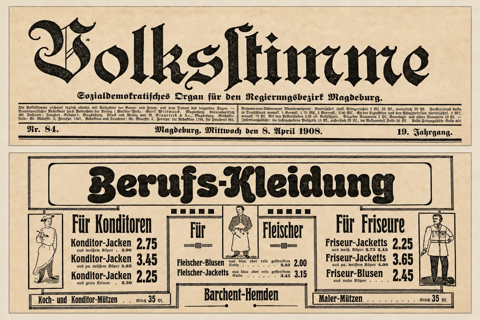 Anzeige für Berufskleidung in der Volksstimme vom 8. April 1908