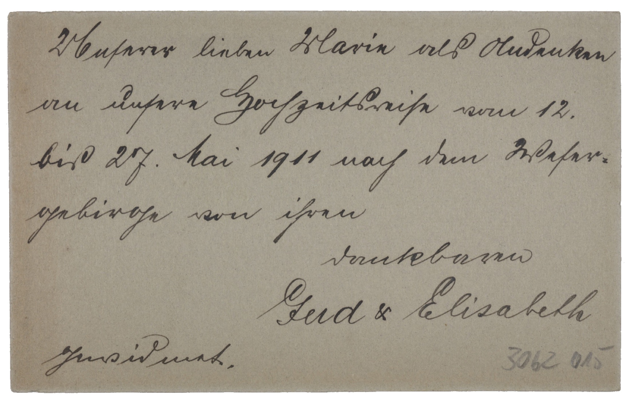 Waagerecht ausgerichtete Rückseite mit einer
Widmung an Marie zur Hochzeitsreise ins Wesergebirge
im Mai 1911