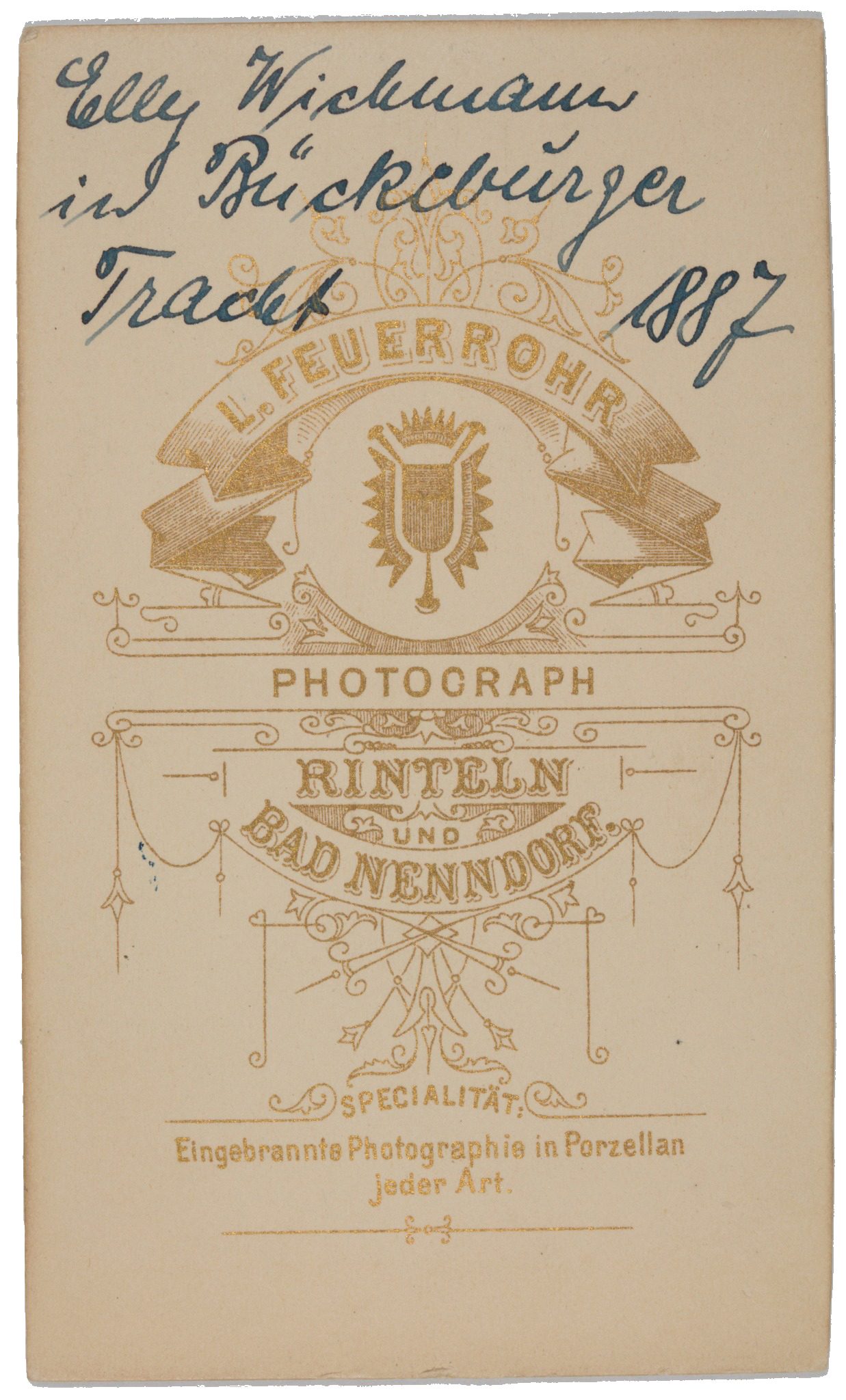 Rückseite mit handschriftlicher Beschriftung zu
Elly Wichmann, 1887