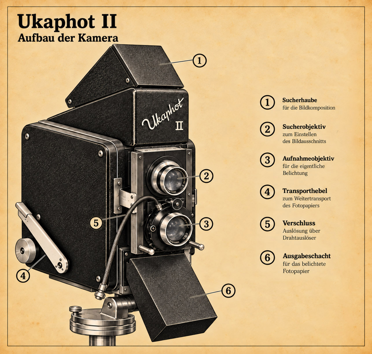 Historische Abbildung der Ukaphot II auf Stativ; der geschwungene Ukaphot-Schriftzug ist auf dem Kameragehäuse zu sehen